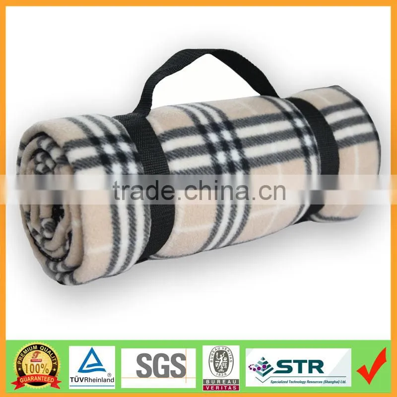 Cheap All Season Travel Plaid Fleece Blanket with carry strap