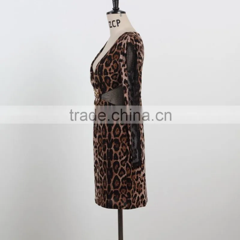 NEW ARRIVAL Sexy leopard bodycon dress 2016 deep V neck net dress custom dress supplier