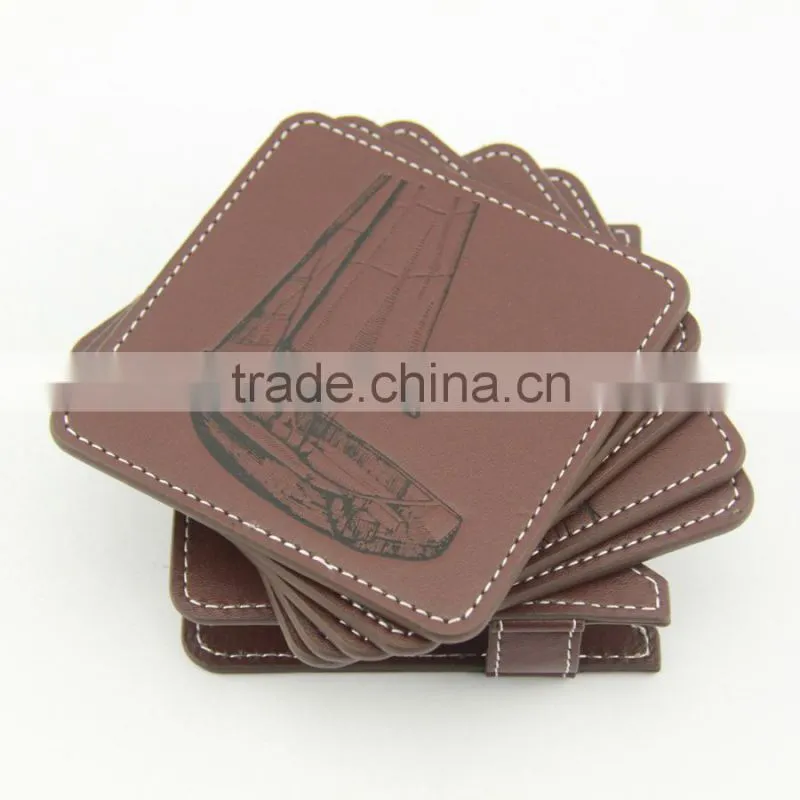 Brown PU leather cup coaster set with debossed logo