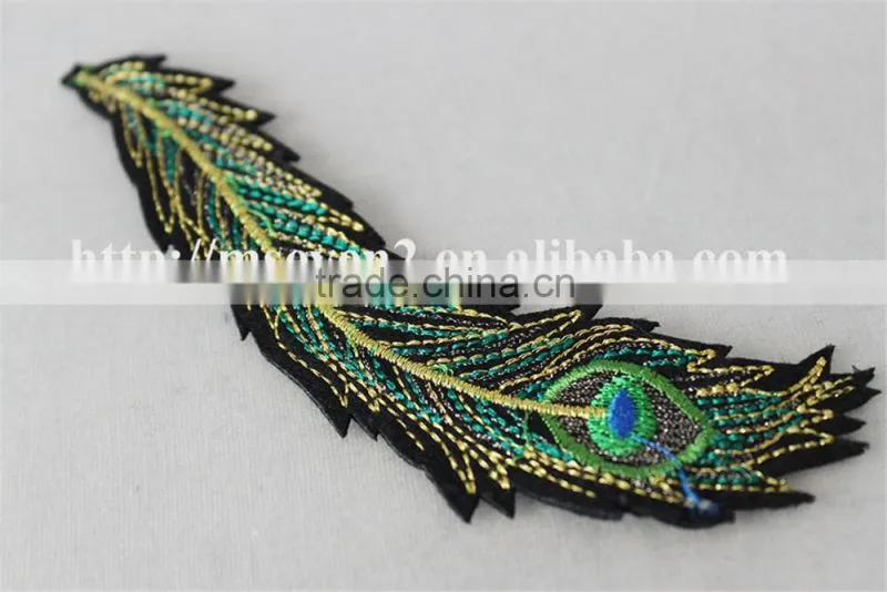 good looking green color applique embroidery design patch peacock feathers decoration garment