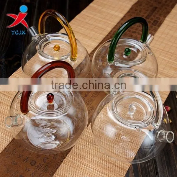 new design pyrex glass tea pot with colored glass handle