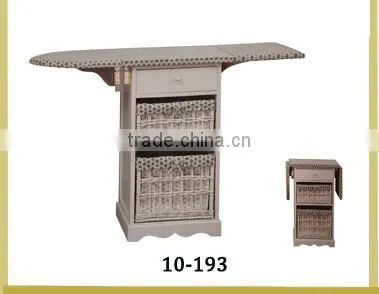 wooden ironing board table in cabinet with wheels and willow baskets