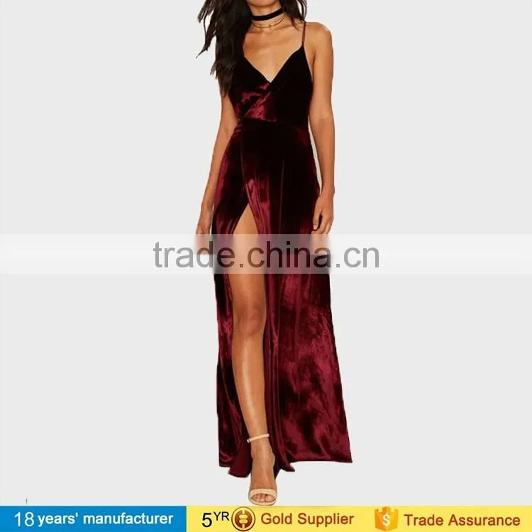 New sexy fashion burgundy spaghetti strap backless wrap maxi long party velvet prom dresses 2016