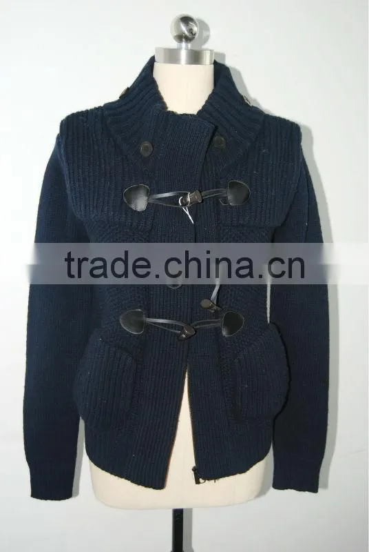 ECO LEATHER BUTTON FASTENING PURE WOOLEN CARDIGAN