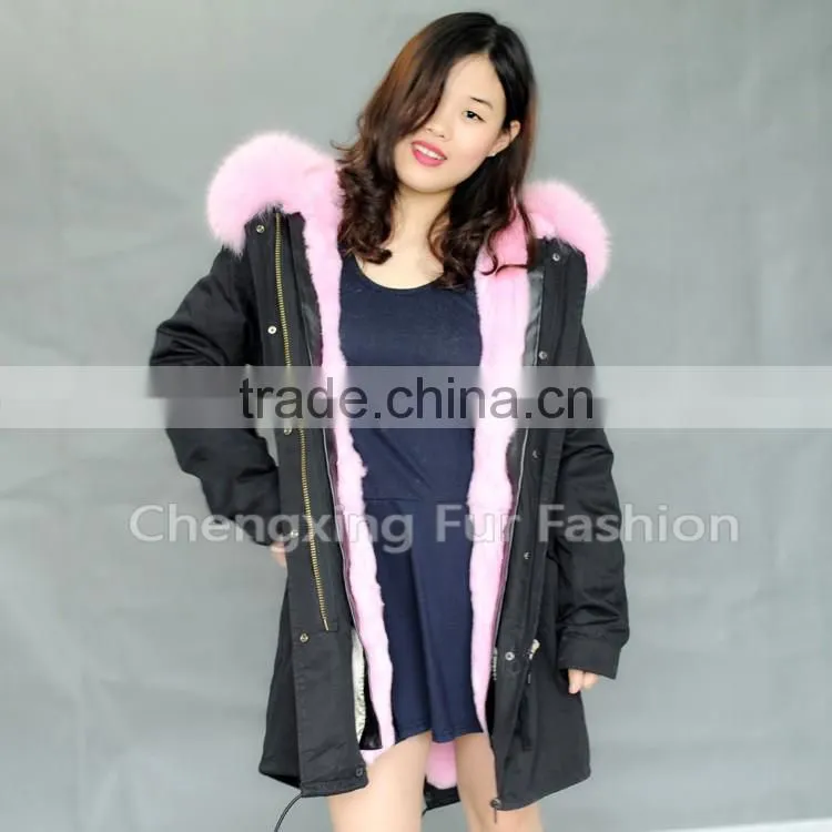 CX-G-P-08A Fox Fur Big Collar Hooded Real Fur Parka with Rex Rabbit Fur Lining