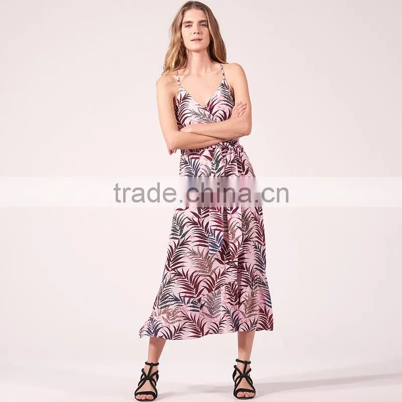 V-neck thin straps jungle printed ruffled hem wraparound maxi dress