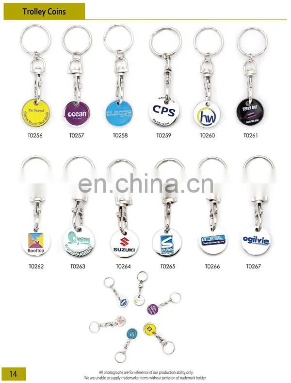 Hot sell promotional trolley coin keyrings,Supermarket coin tokens keychain.