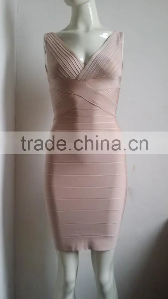 Summer dress wholesale top quality 2015 new fashion women attractive rayon stretch v neck nude sey mini bodycon evening party Ba