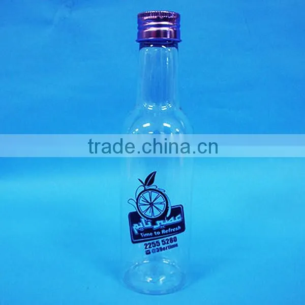 Hot! Long thin plastic PET bottle with aluminum cap for beverage/drink, clear PET juice bottle