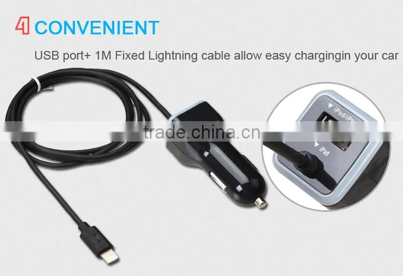 Built-in with MFi Charging Cable car charger for iPhone 6 6s 5 for Samsung