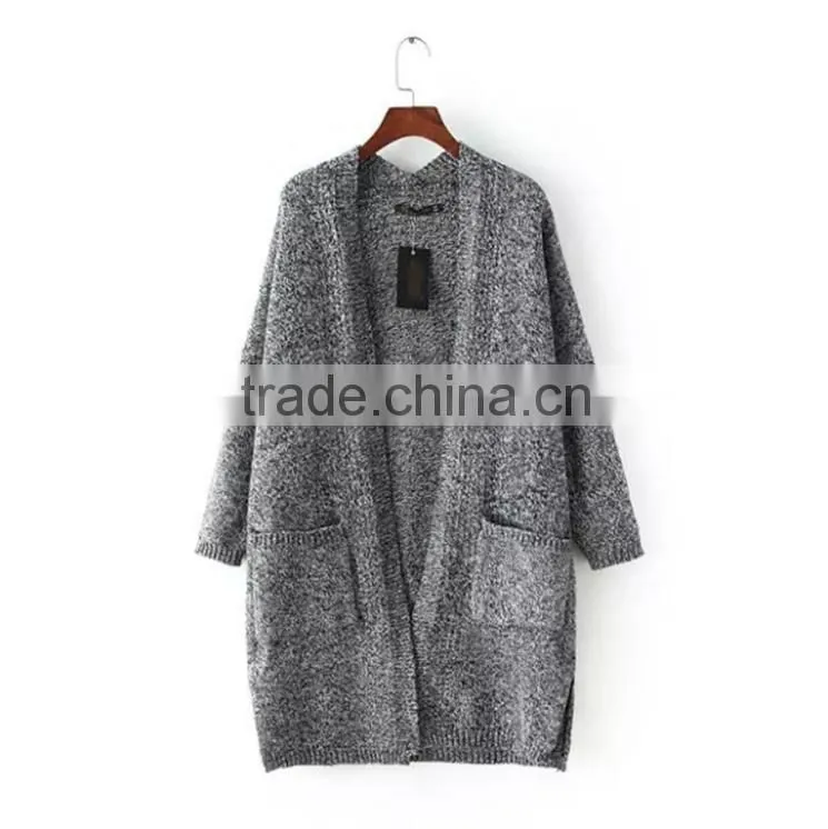 Deep v-neck long sweater coat lady knitting long sweater cardigan with pockets