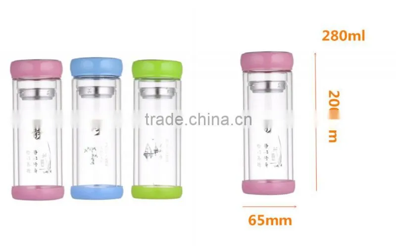 10oz high quality glass bottle with tea straier double wall glass water bottle with tea filter infuser