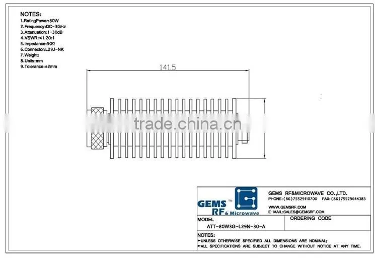 80W coaxial attenuator DC-3GHz Coaxial RF attenuator