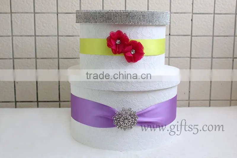 Elegant handmade round white wedding card box with red flowers