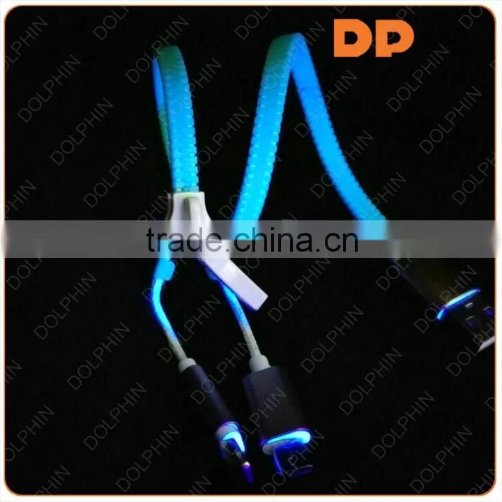 new 2016 gold plated USB 2.0 2 in 1 zipper glowing in the dark USB cable
