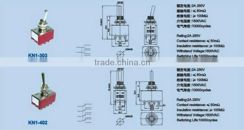 'KN3-103 ON and ON three pole toggle switch