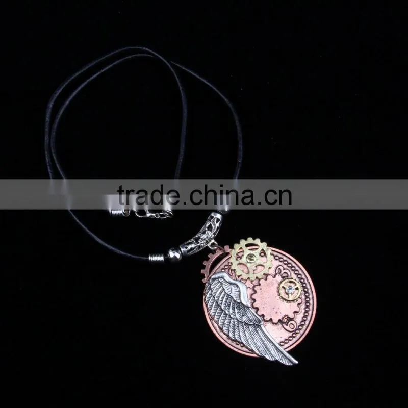 2015 yiwu fashion imitation jewelry hot sale steampunk gear wings pendant with imitation crystal cameobig statement necklace