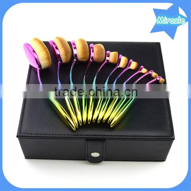 2016 Hot 10pcs rainbow color privalte label oval multi-purpose makeup brush with make up brush box