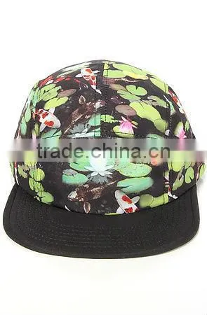 Floral flat brim custom blank adjustable 5 panel flat cap