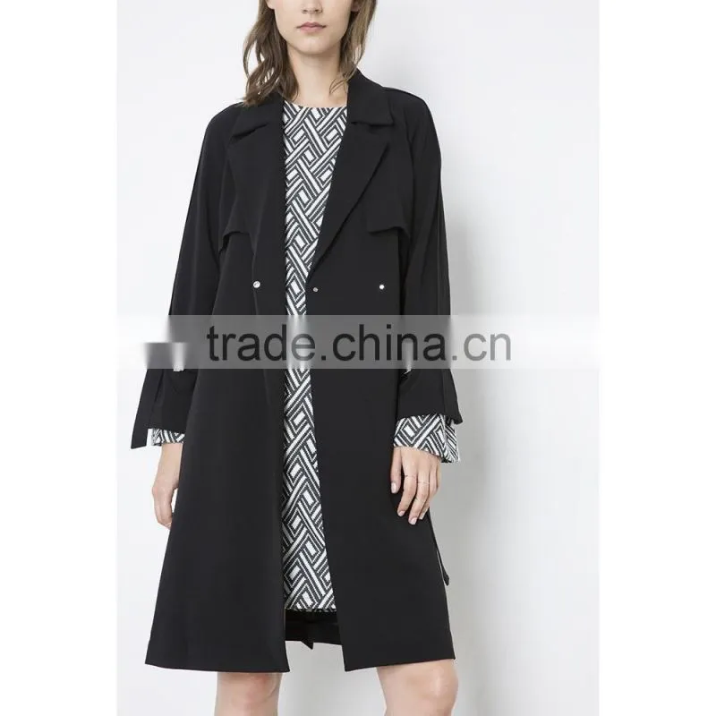 2018 fashion women classical black plain collar belted long trench coat