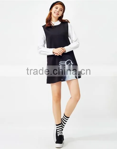 Women's black knitting small hem A printed sleeveless dresses
