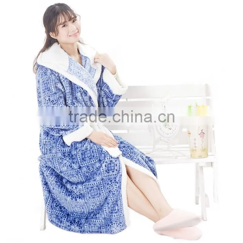 Soft coral fleece flannel bathrobe with hood