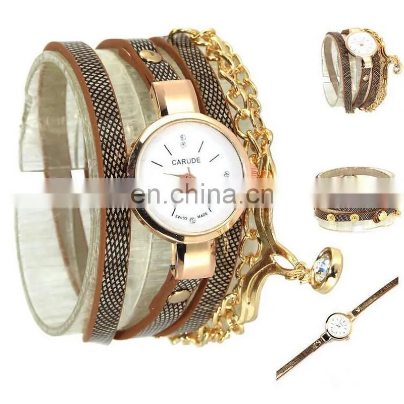 Rhombus Design Leather Charms Chain 3 Rolls Wrap Leather Bracelet Watch