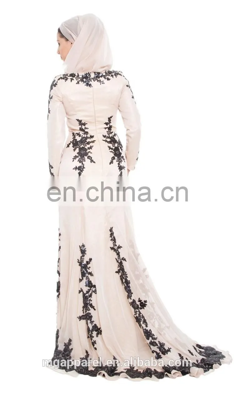 china OEM long sleeve muslim evening dress sequined silk beige muslim women formal dress, muslim evening gown with wrap hijab