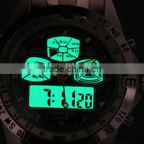 Brand New mens man analog digital alarm black face stainless steel sport quartz watch