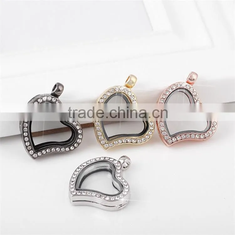 Crystal Rhinestone Heart Shaped Floating Charm Locket Pendant without Chain