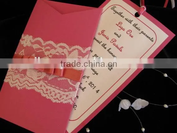 Lace pocket wedding invitation card with ribbon