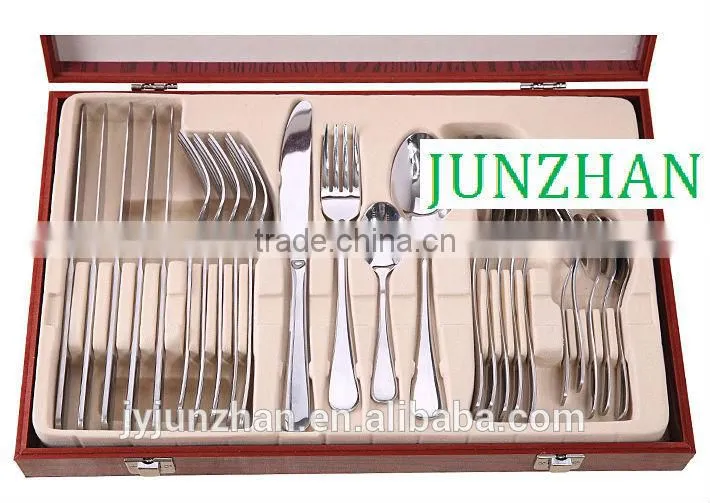 24pcs spoon fork knife sets with plain handle and wooden box packing