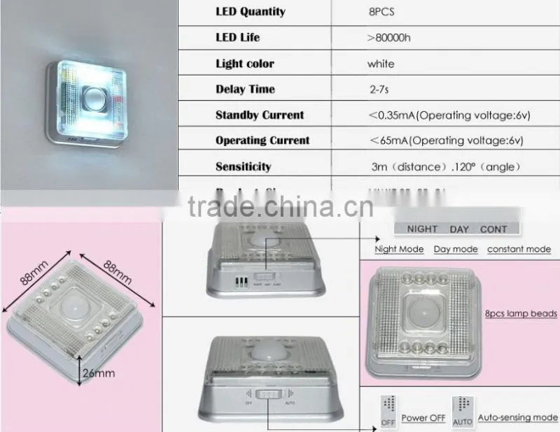 PIR Auto Sensor Motion Detector LED Night light Wireless Infrared 8 LEDs lamp Nightlight