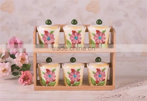 Ceramic Material 6 PCs Kitchen Canisters Set with Bamboo Stand