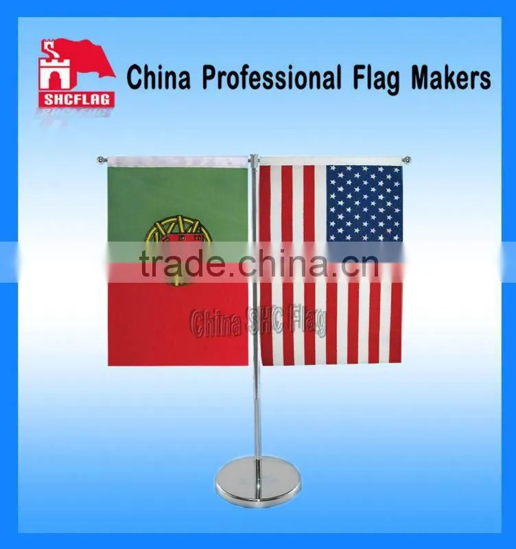 V-shaped table top flag office flag with metal base and pole
