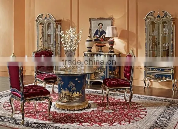 Retro art Painting Home Furniture Dinning Room Set, Noble Blue Round Dinning Table With Chair/Sideboard
