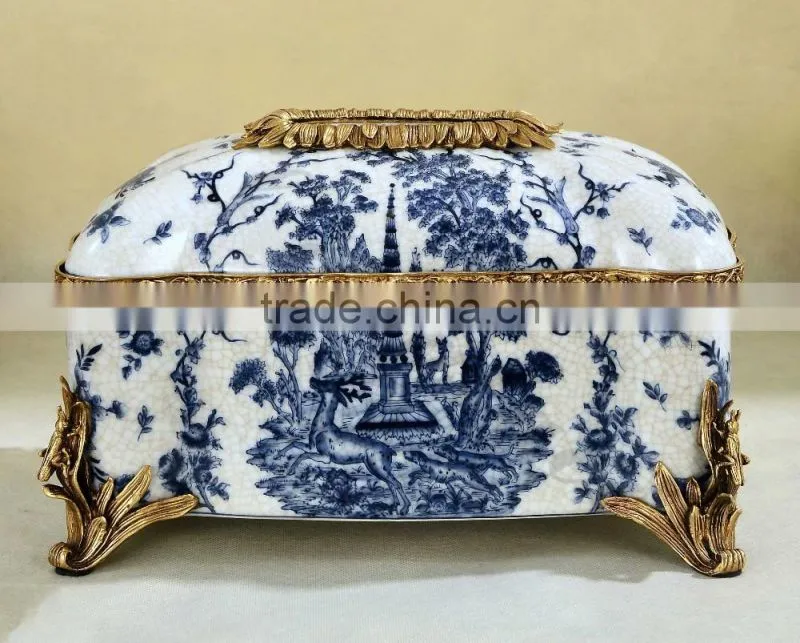Lovely red plum blossom painting grasshopper shape brass decorative ceramic tissue box