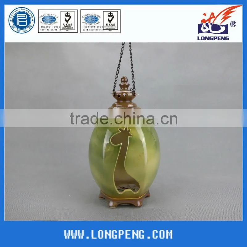Antique tealight LED light candle holder garden lantern green ceramic hanging lamp