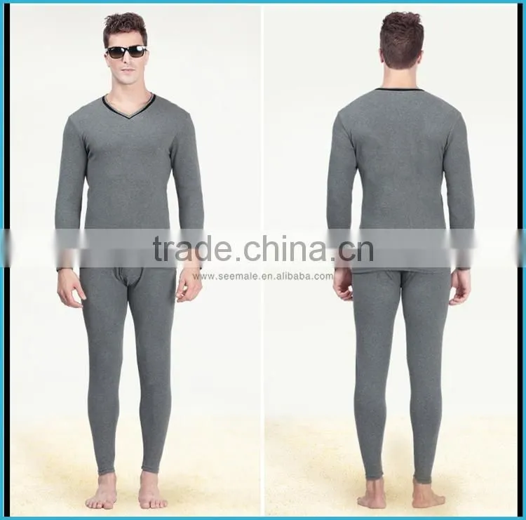 Combed Cotton Lycra Heated Thermal Underwear Men Thick Long Sleeve Long John V-neck Thermal Clothing Set Simple Design
