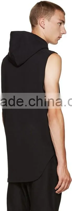 Sleeveless French terry vest hoodie Beige drawstring hood custom Embroidered logo Zipper at sides Shirt-tail hem
