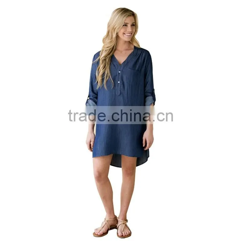 Fashion denim tops women dress with pure color long sleeve cowboy dress for women 2017