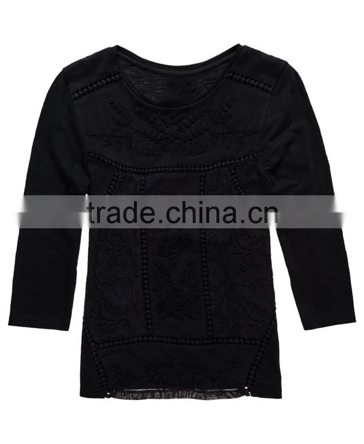 China Supplier Shandao Latest Model Good Quality Autumn Casual 3/4 Sleeve Round Neck Black Embroidered Cotton Tops For Women