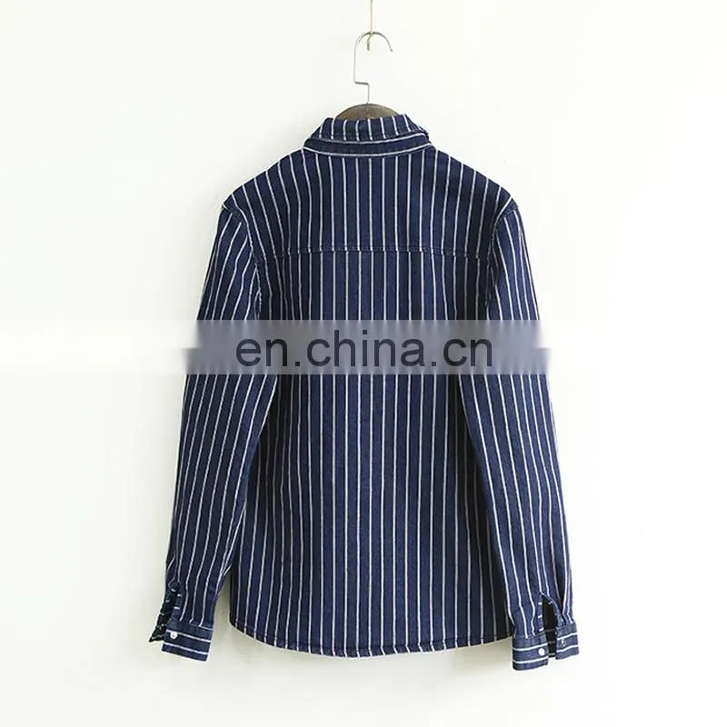 Vertical striped classic denim shirt women fashion denim blouse
