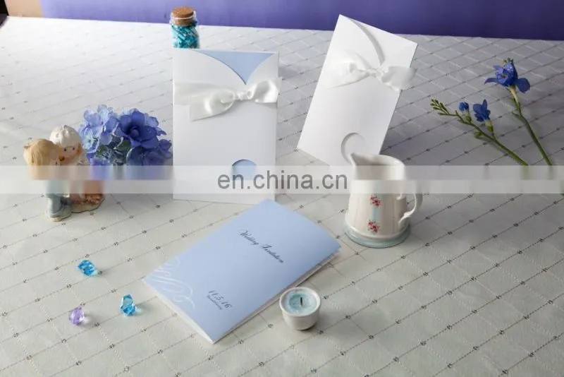 Light sky blue 1111 greeting card wedding invitation card with ribbon