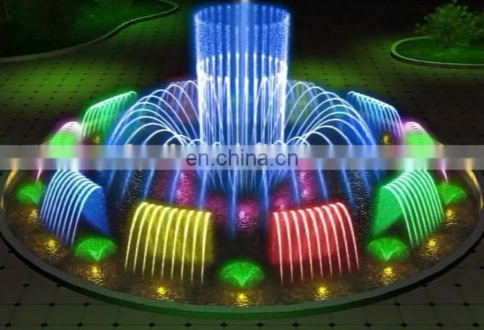 Outdoor kid playing colorful music dancing floor fountain