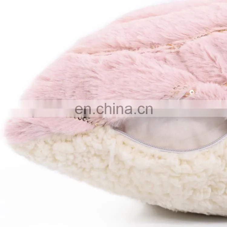 Luxury Warm pink Sequin faux rabbit fur cushion with shepa