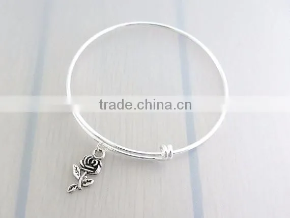 Custom jewelry handmade silver rose flower charm bangle adjustable