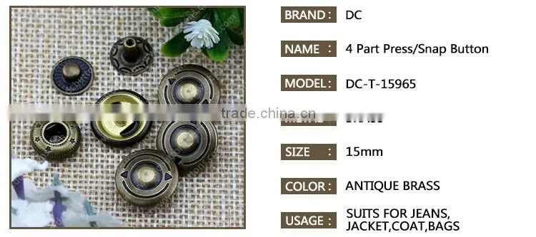 Fashion antique brass plating metal button four parts snap button for coat