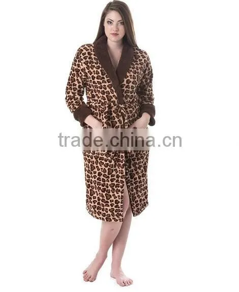 Women's Solid Collar Animal Print Plush Robe--Brown