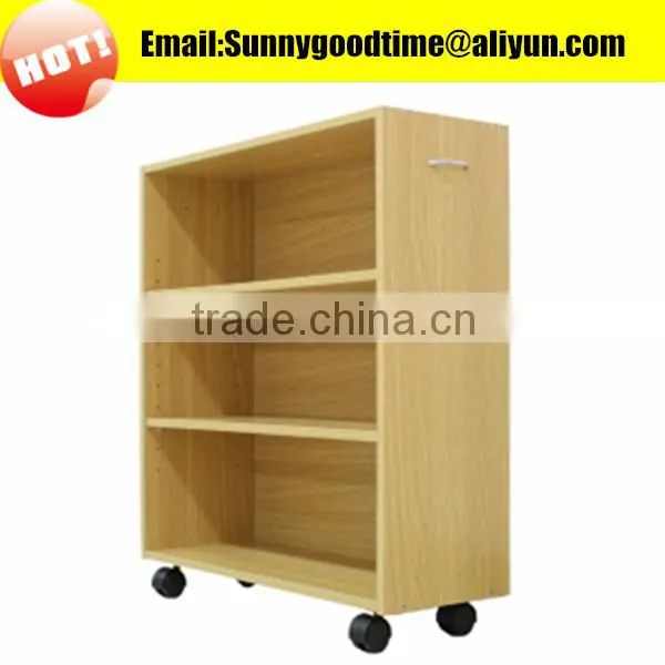 Cheap wooden movable book rack with wheels